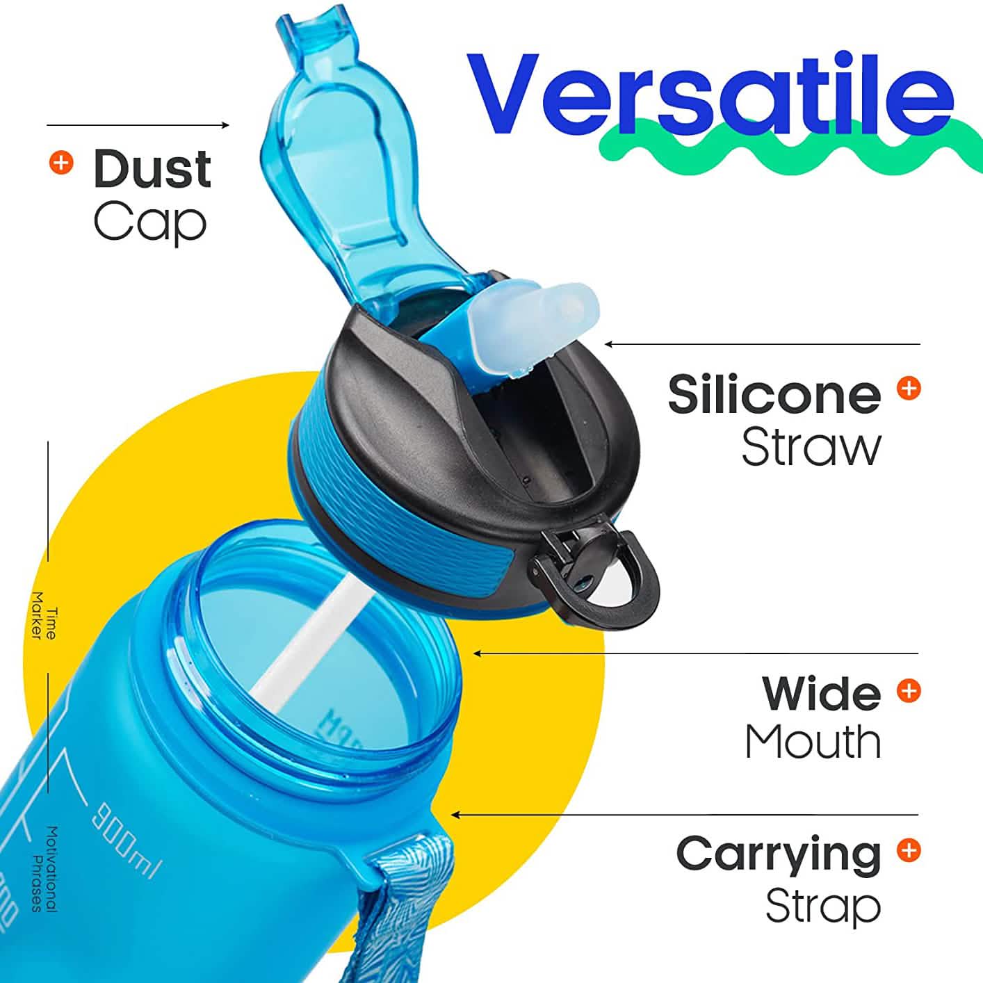 Bouteille d'eau Giotto 950 ml anti-fuite sans BPA avec marqueur de temps et paille