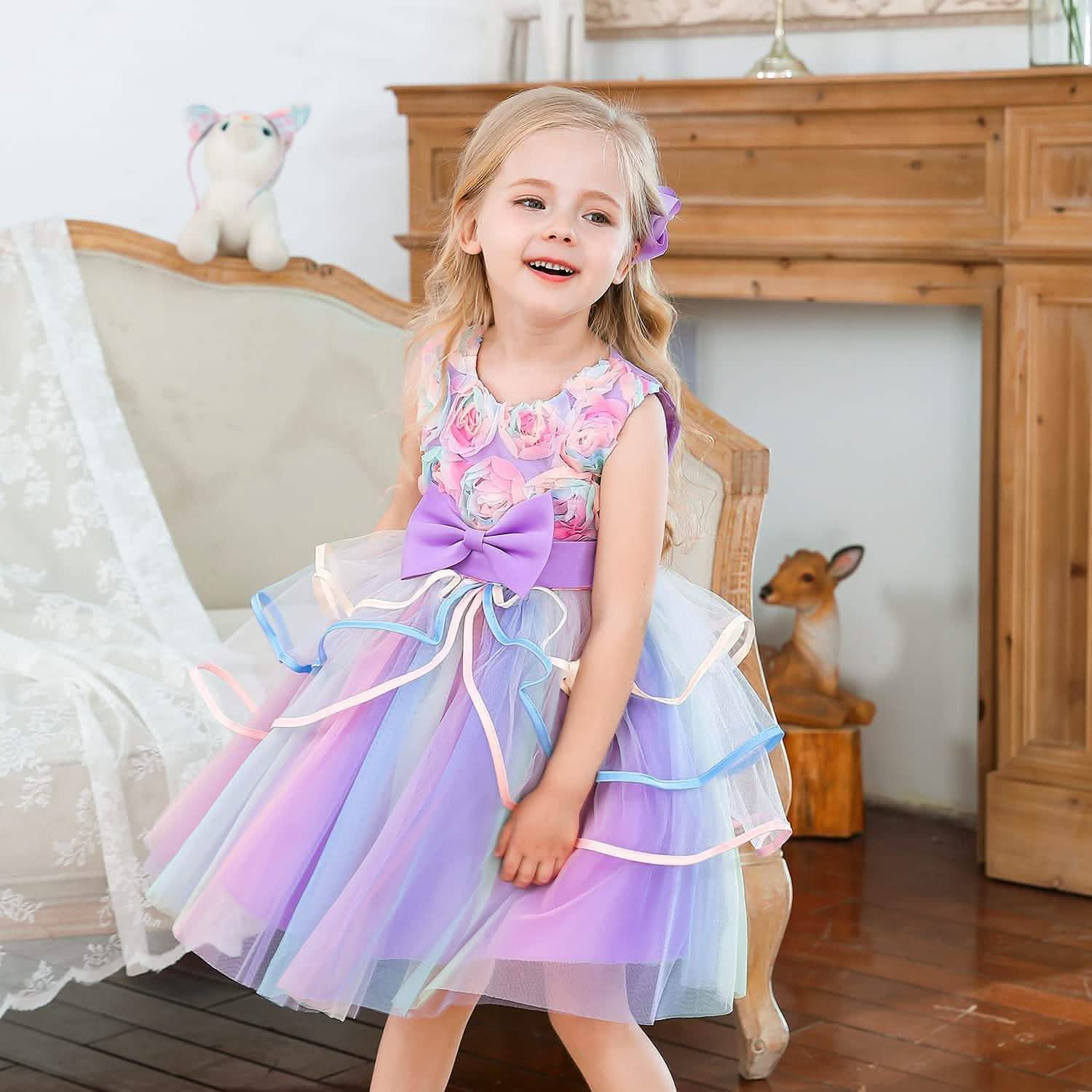Robe en tulle et dentelle arc-en-ciel pour fille
