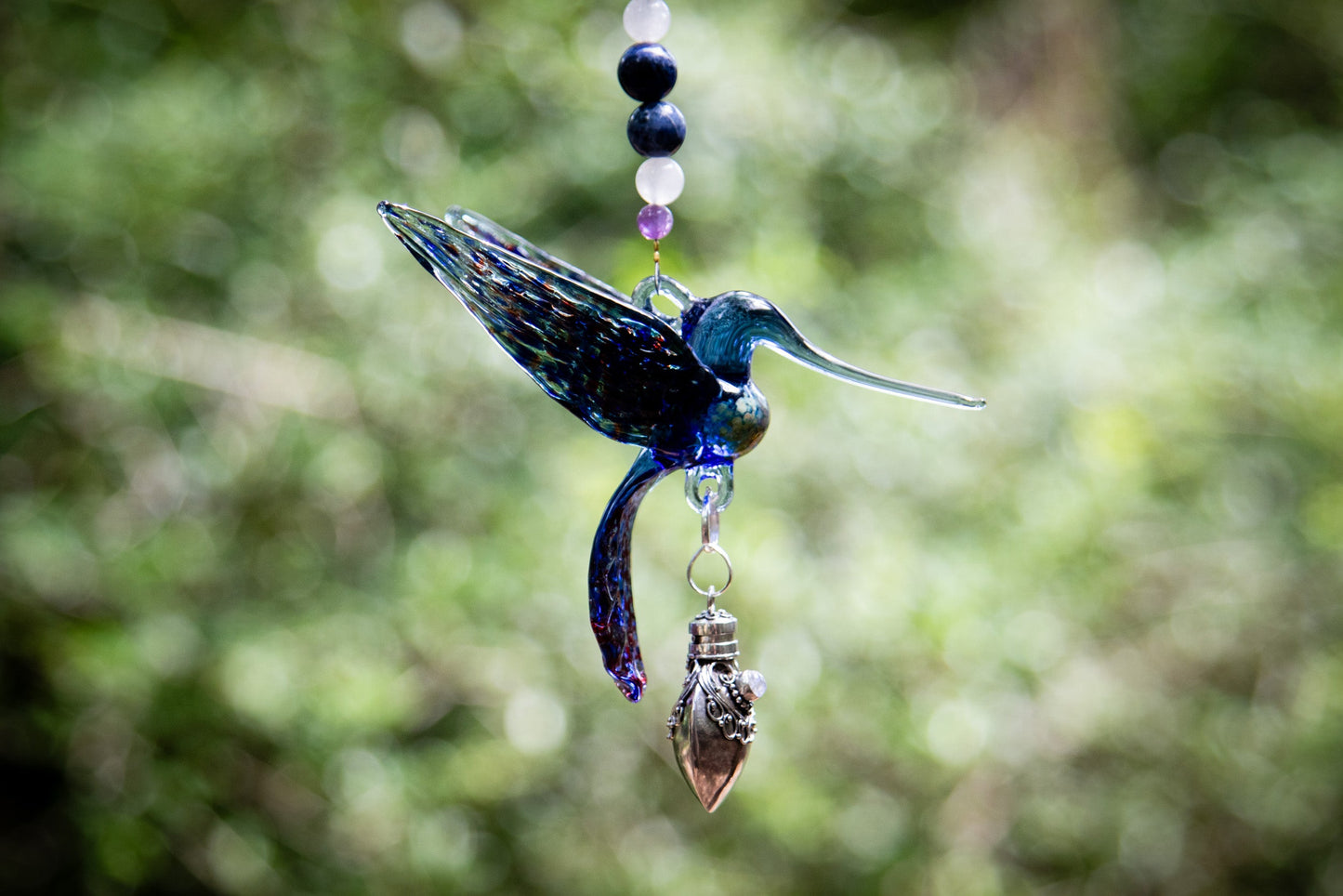 Blue Hummingbird Spotted Red Wings with Keepsake Pendant