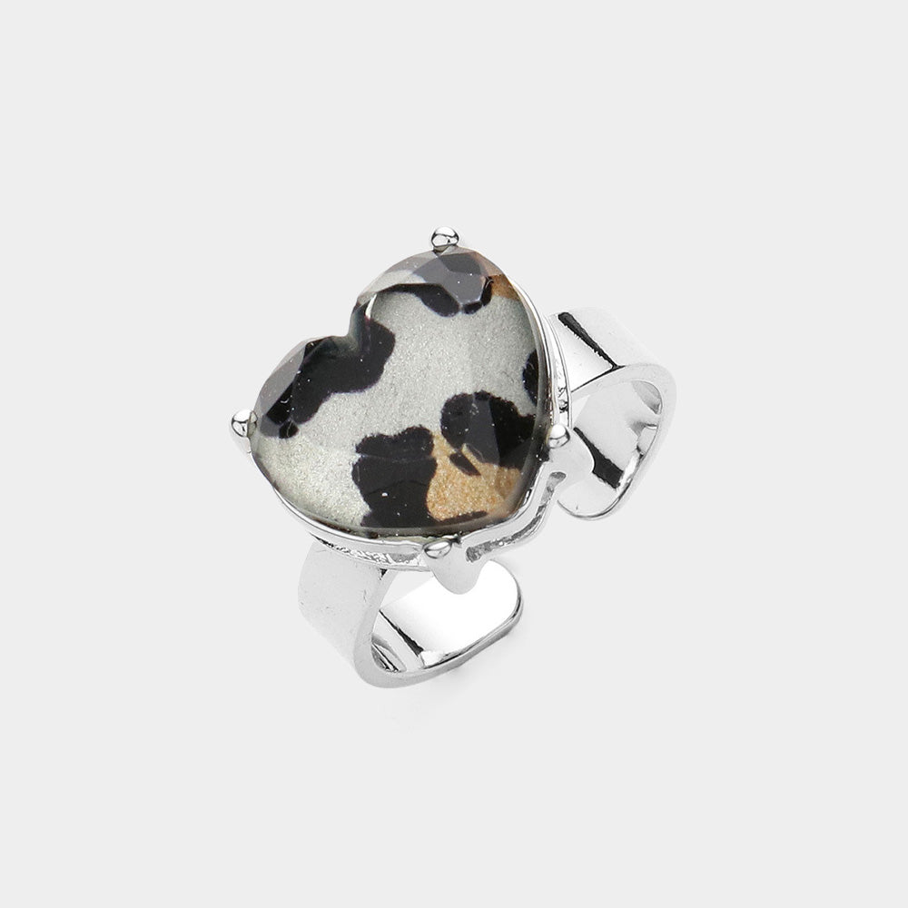 Glitter Leopard Pattern Heart Stone Adjustable Ring