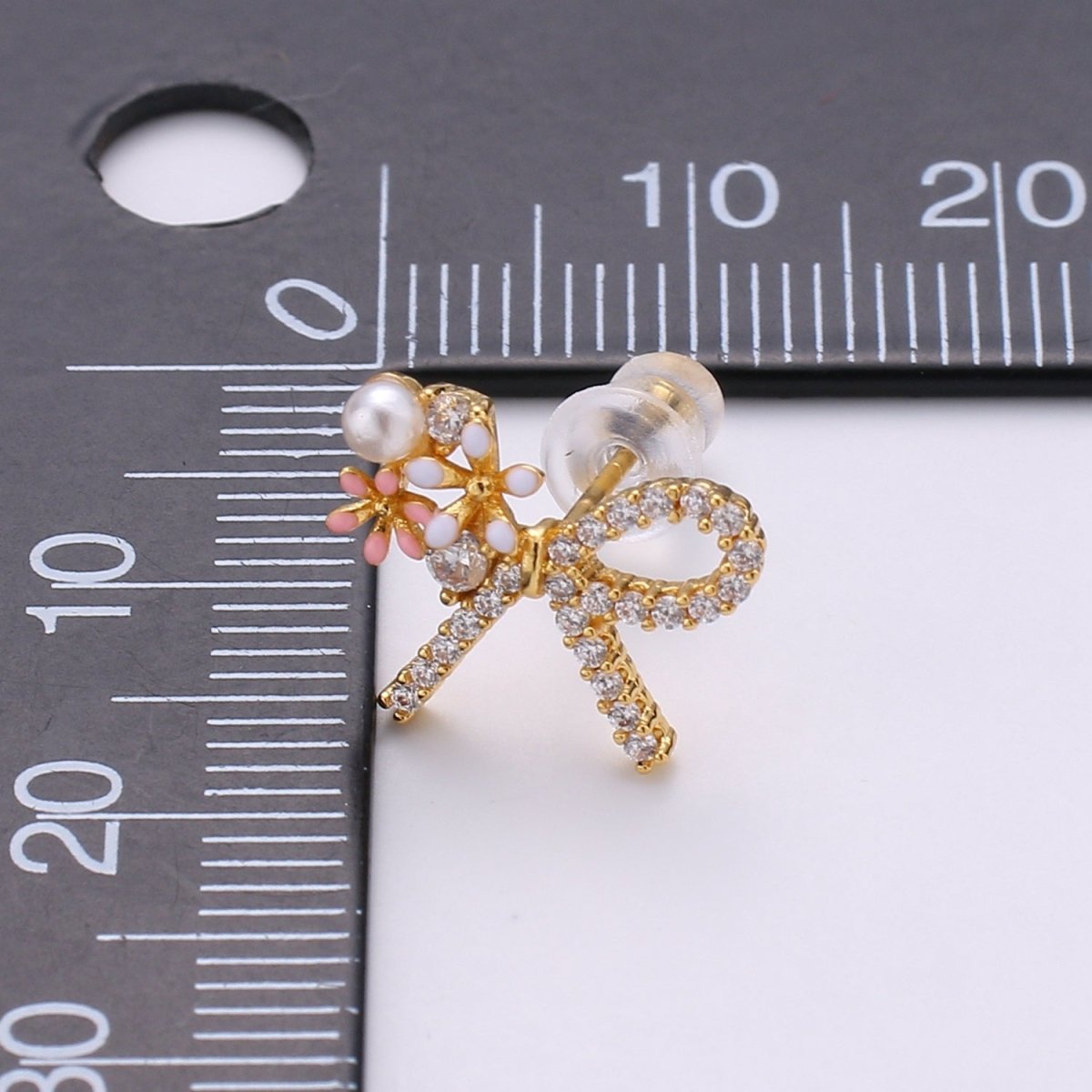 Gold Bow Earrings- 24k Gold Tiny Dainty Small Bow White CZ Gem Minimalist Jewelry Studs for Women Q-384 Q-385