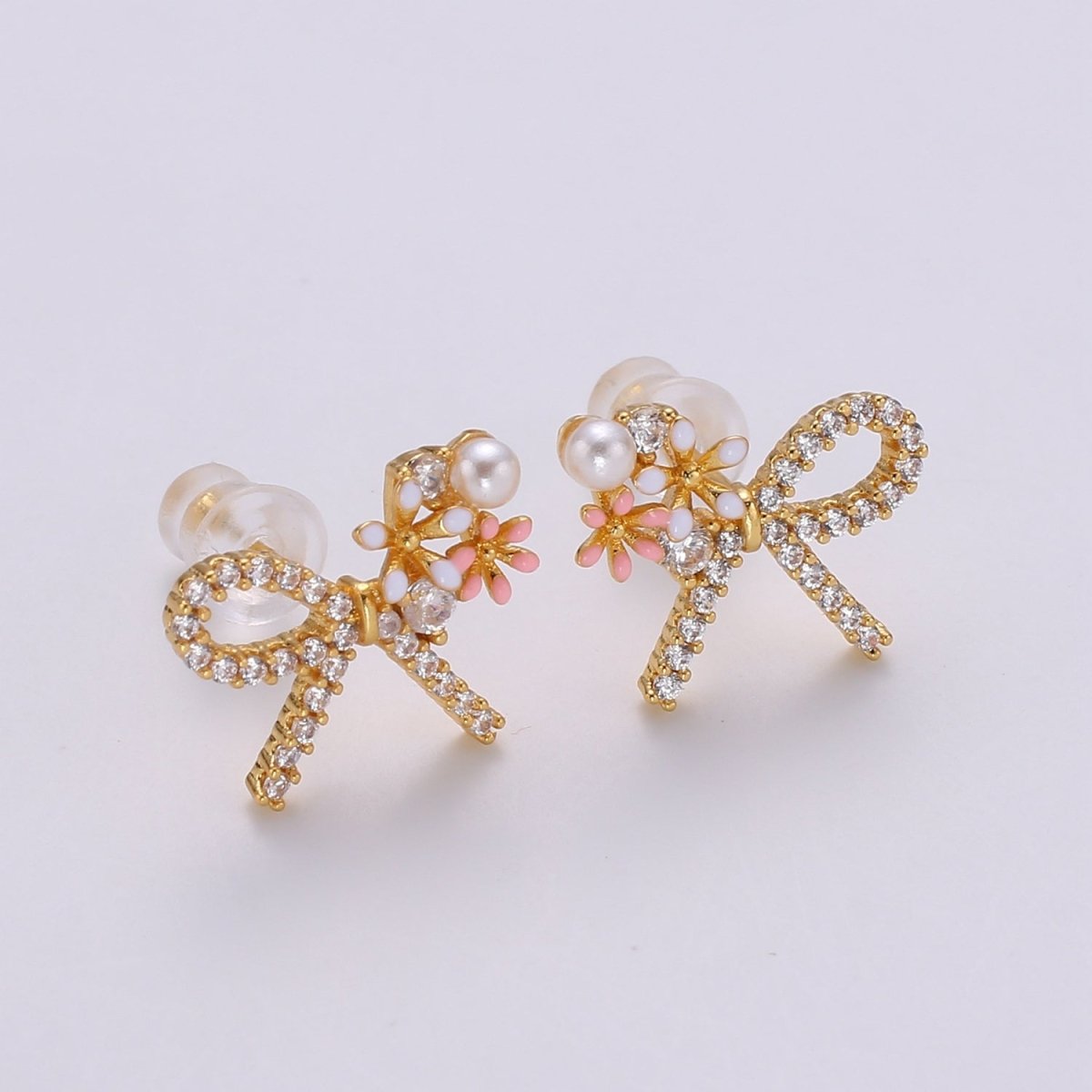 Gold Bow Earrings- 24k Gold Tiny Dainty Small Bow White CZ Gem Minimalist Jewelry Studs for Women Q-384 Q-385