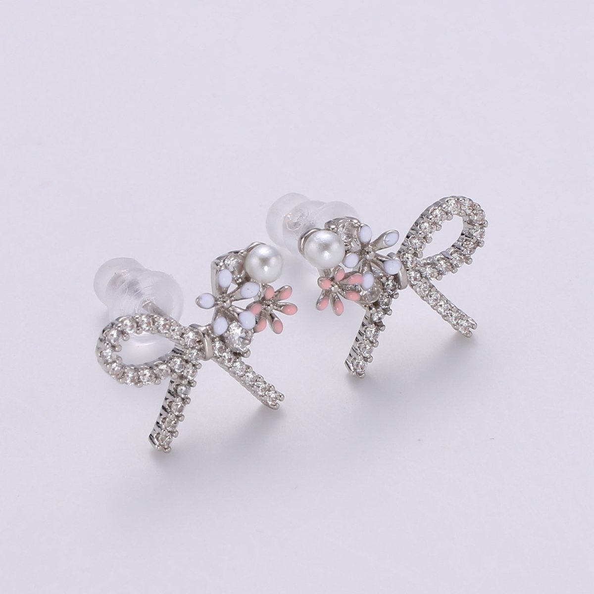 Gold Bow Earrings- 24k Gold Tiny Dainty Small Bow White CZ Gem Minimalist Jewelry Studs for Women Q-384 Q-385