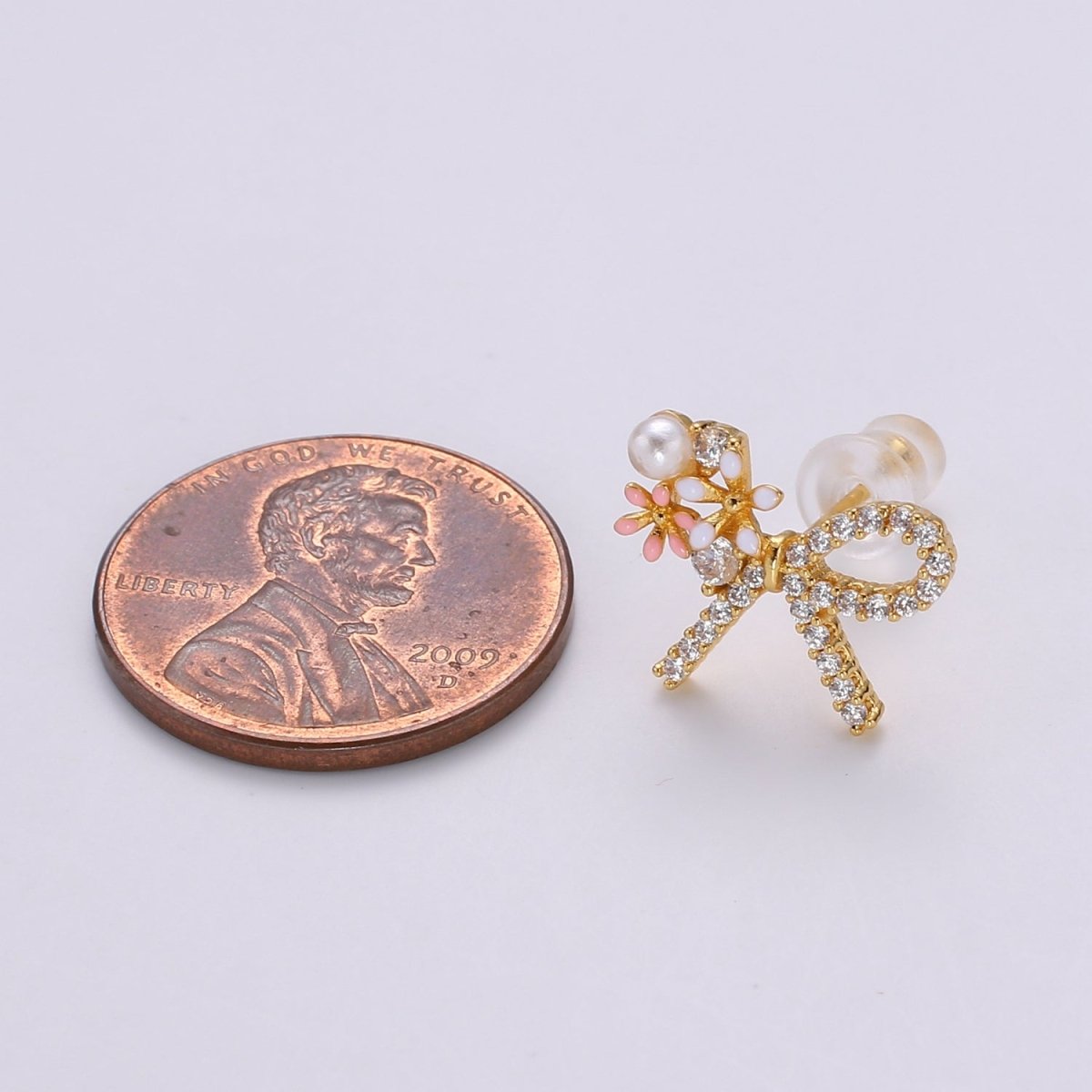 Gold Bow Earrings- 24k Gold Tiny Dainty Small Bow White CZ Gem Minimalist Jewelry Studs for Women Q-384 Q-385