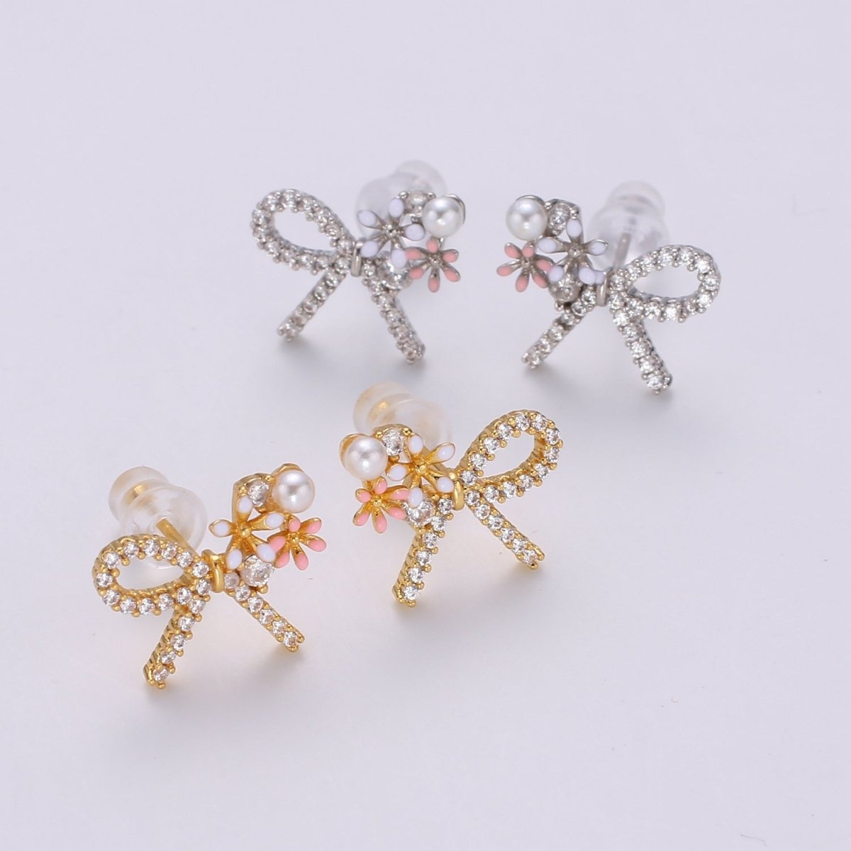 Gold Bow Earrings- 24k Gold Tiny Dainty Small Bow White CZ Gem Minimalist Jewelry Studs for Women Q-384 Q-385