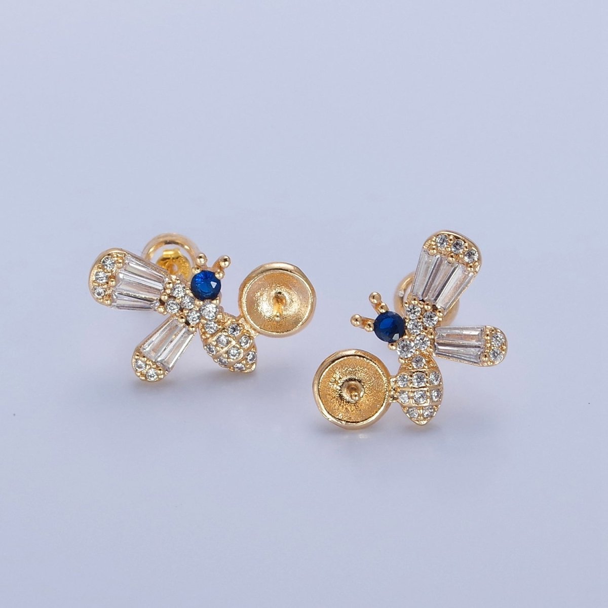 Gold Bumble Bee Studs, Animal Earrings, CZ Pearl Earrings Making Component L-771