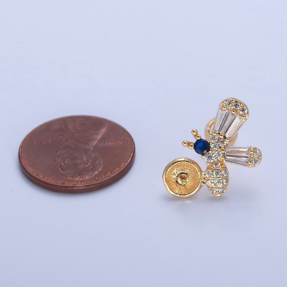 Gold Bumble Bee Studs, Animal Earrings, CZ Pearl Earrings Making Component L-771