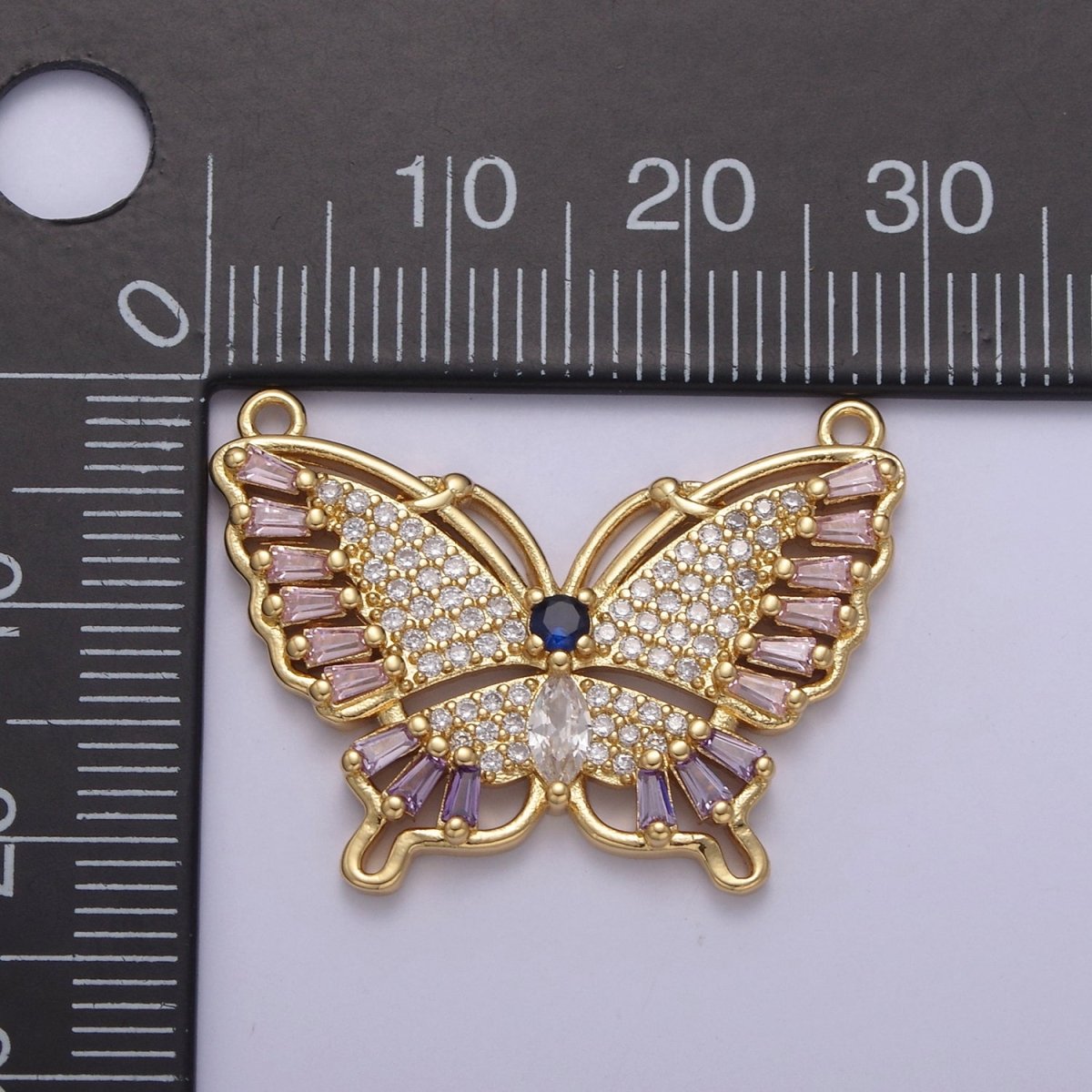Gold Butterfly Cubic Zirconia Pavé with 2 Loops Cubic Clear CZ Gold Mariposa Charm Connector Y-447
