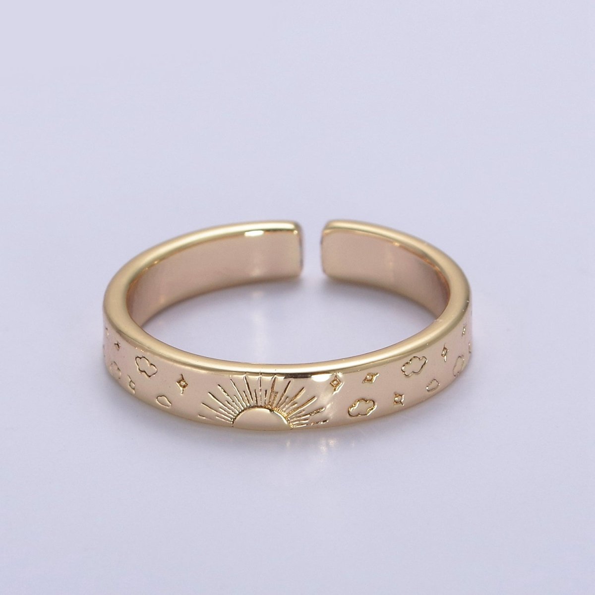 Gold Celestial Astronomy RING SET, Engraved Sun & Moon & Stars Gold Band Rings, 16K Gold Filled Adjustable Rings U-442