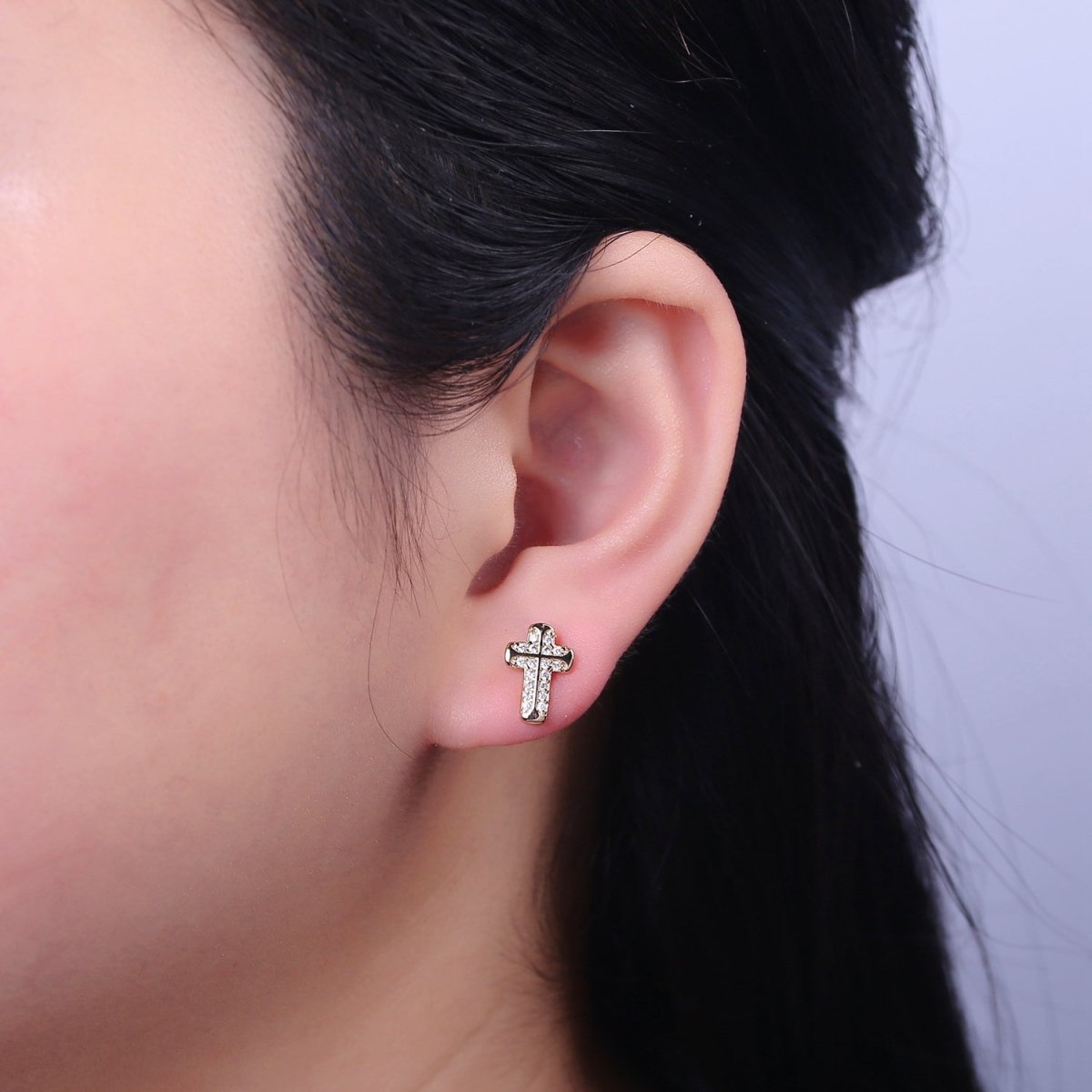 Gold CZ Cross Stud Earring V-097