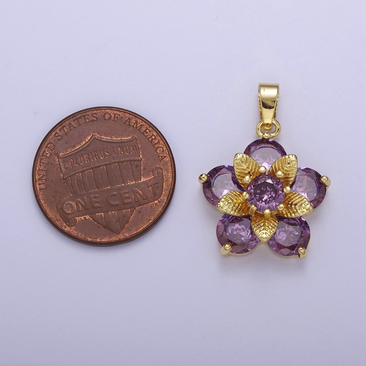 Gold Daisy with Amethyst Purple Cubic Zirconia CZ, Flower Pendant For Jewelry Necklace Making, J-527