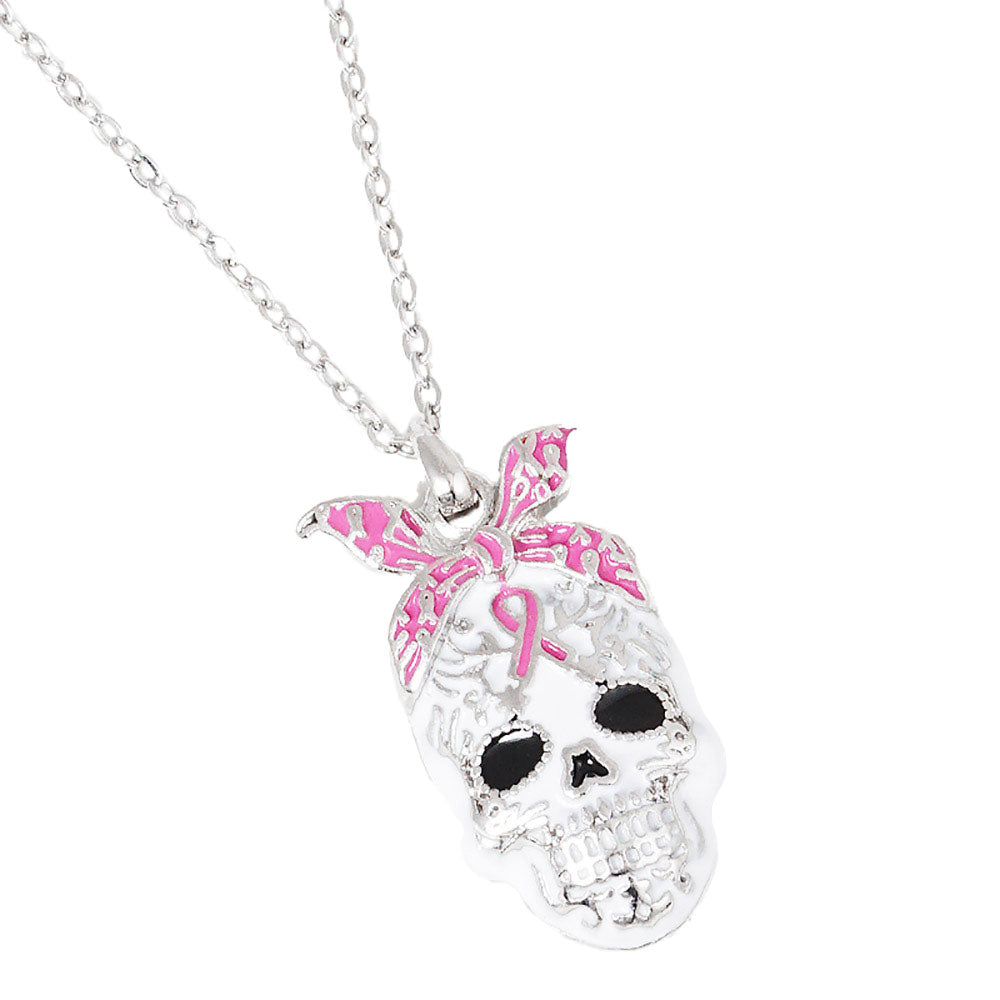 Gold Dipped Enamel Pink Ribbon Skull Pendant Necklace