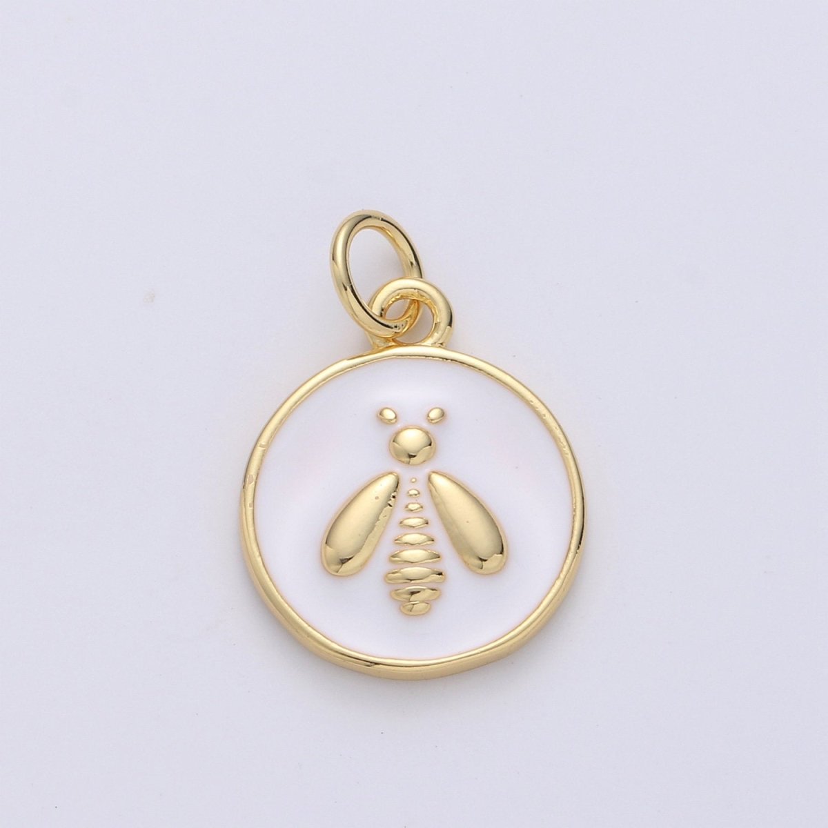 OS Gold Enamel Bee Charms, White Enamel Bee, Gold Cubic Bee charm in Round DIsc Charm Medallion for Necklace Dainty Bumbell bee charm D-548