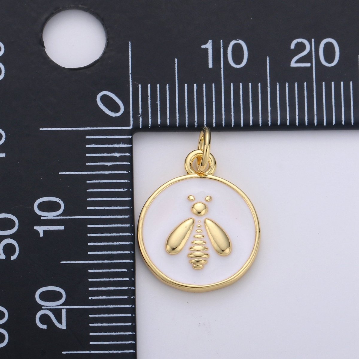OS Gold Enamel Bee Charms, White Enamel Bee, Gold Cubic Bee charm in Round DIsc Charm Medallion for Necklace Dainty Bumbell bee charm D-548