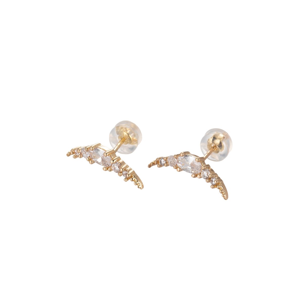 Gold Filled Curve Plate Studs Earring, Single CZ Crystal Stone Golden Daily Wear Earring Jewelry P-199