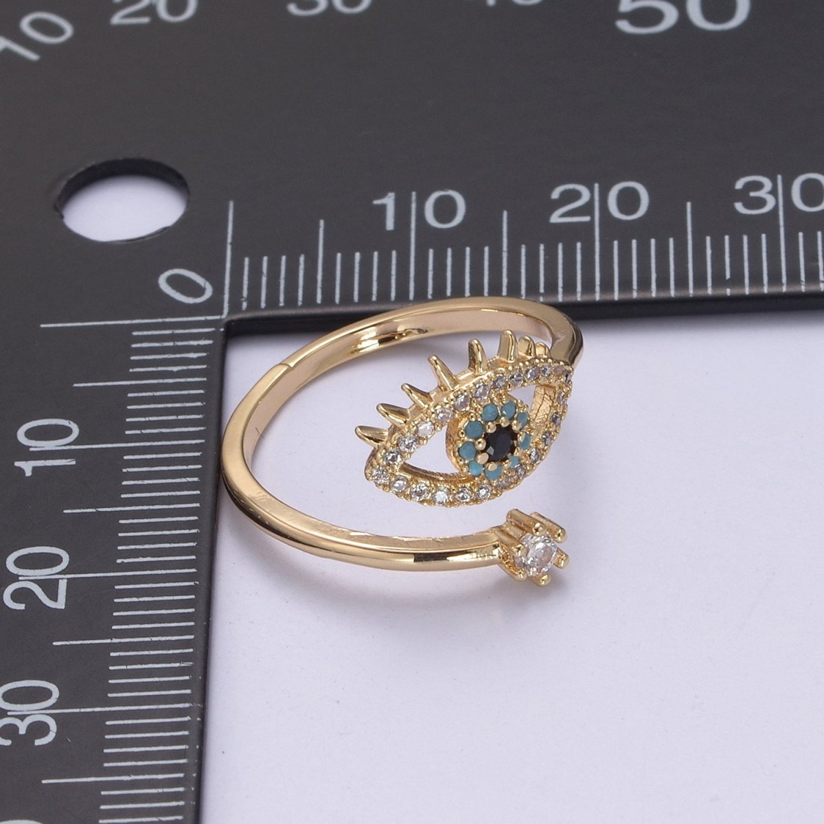 Gold Filled Eye Ring, Evil Eye Zircons Ring, CZ Eye Ring Good Luck Open Adjustable Ring U-351