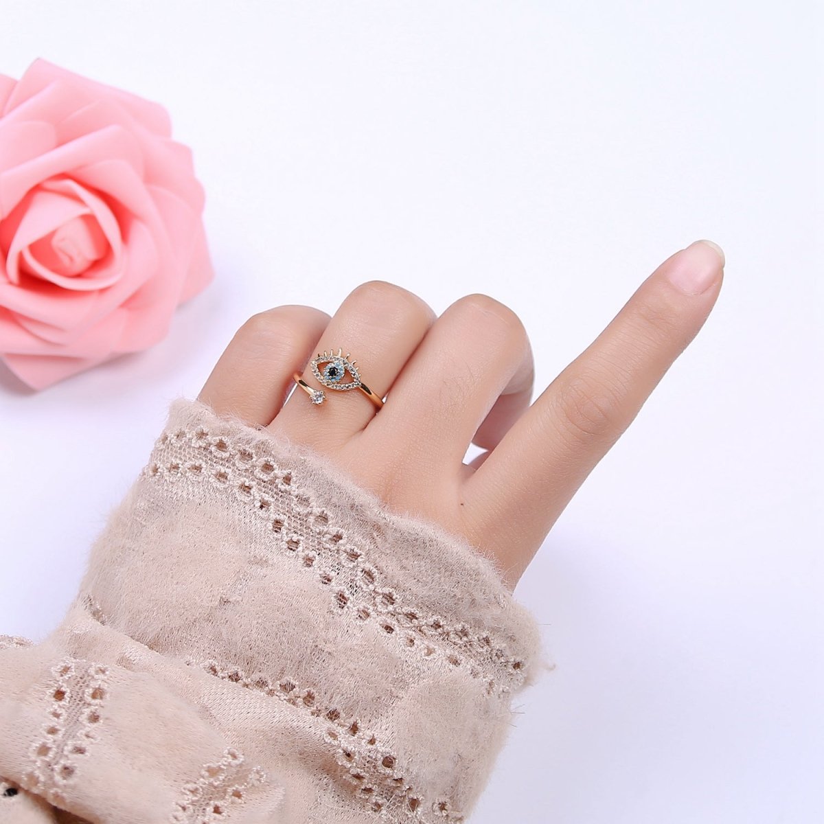 Gold Filled Eye Ring, Evil Eye Zircons Ring, CZ Eye Ring Good Luck Open Adjustable Ring U-351
