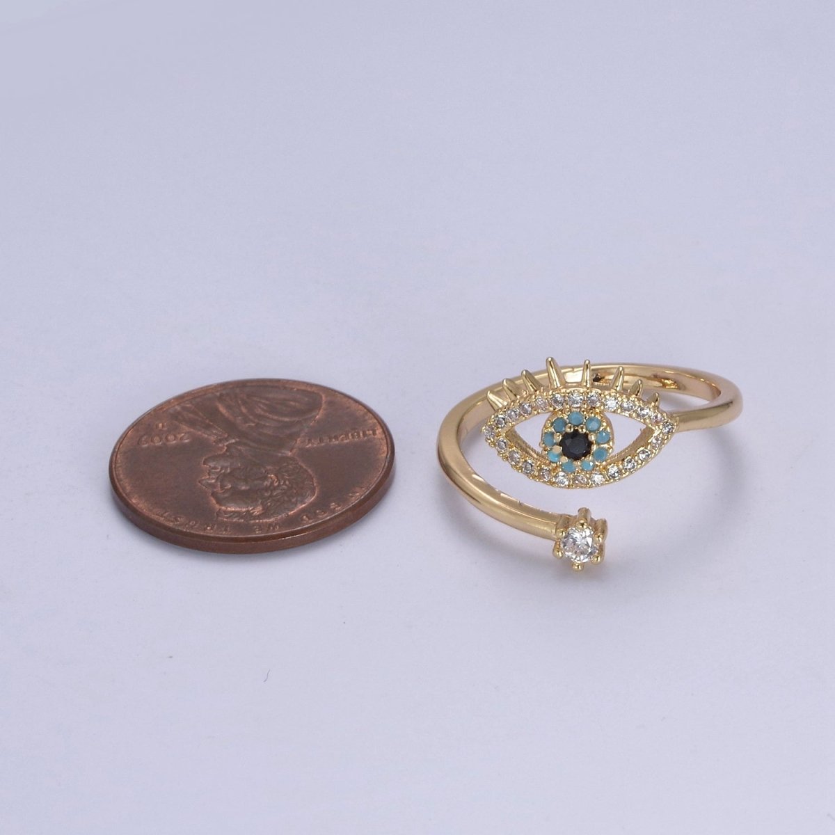 Gold Filled Eye Ring, Evil Eye Zircons Ring, CZ Eye Ring Good Luck Open Adjustable Ring U-351