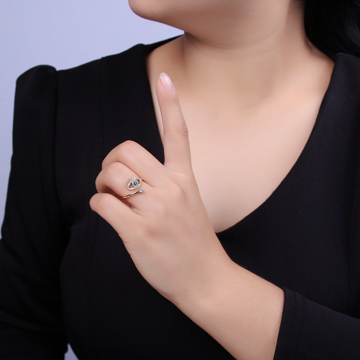 Gold Filled Eye Ring, Evil Eye Zircons Ring, CZ Eye Ring Good Luck Open Adjustable Ring U-351