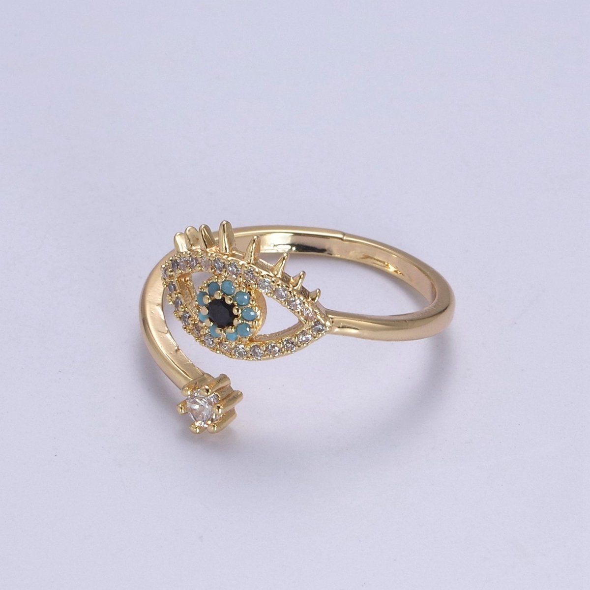 Gold Filled Eye Ring, Evil Eye Zircons Ring, CZ Eye Ring Good Luck Open Adjustable Ring U-351