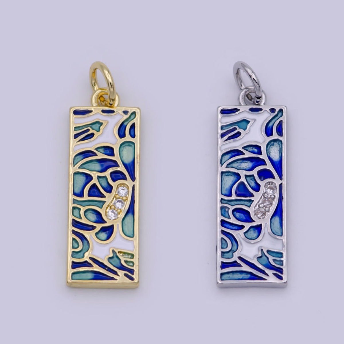 Gold Filled Green Blue Enamel Flower Tag Charm in Gold & Silver | M-933 C-331