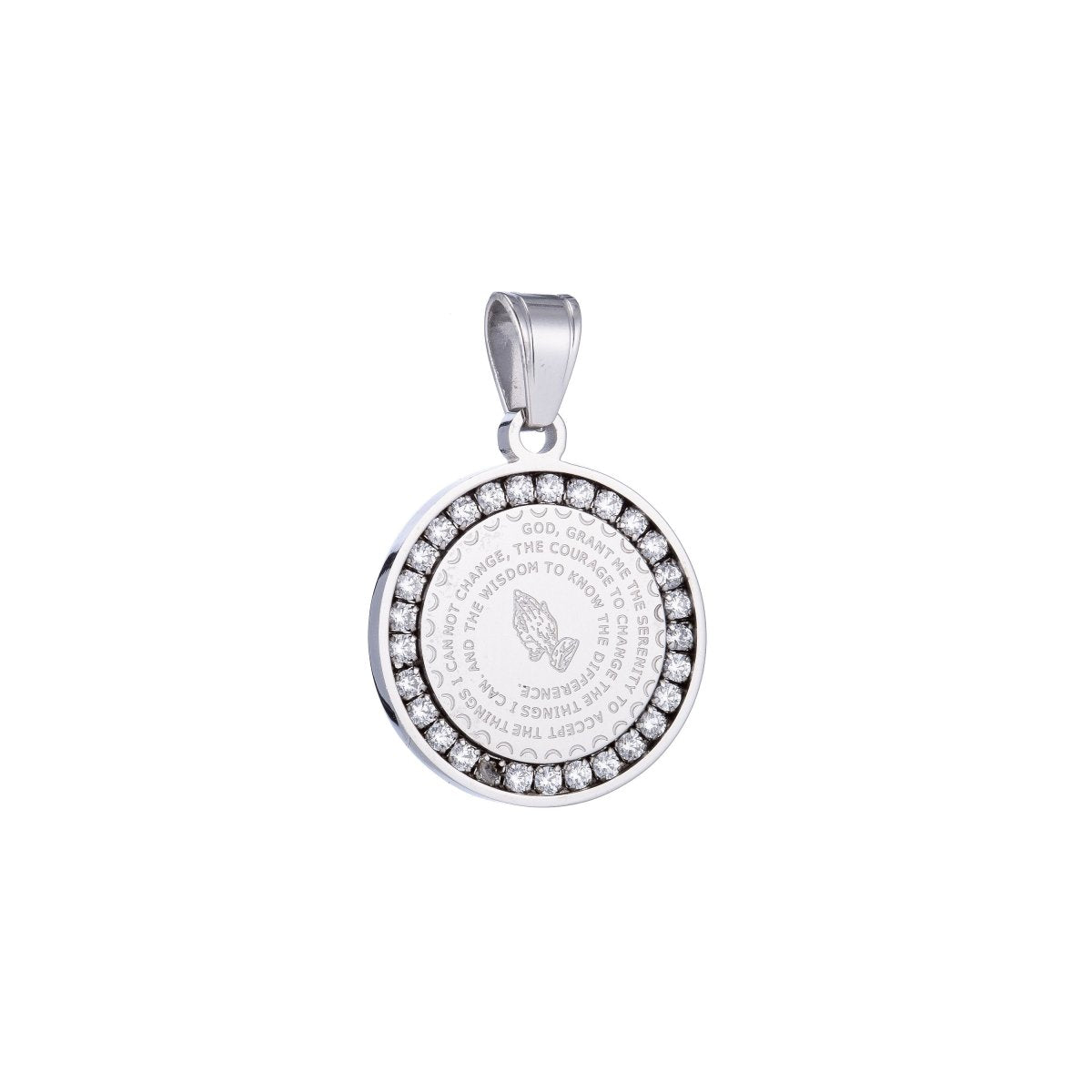 Gold Filled, Silver Stainless Steel Serenity Prayer Stainless Steel Charm - Lord grant me Coin Medallion Pendant with Cubic Zirconia  J-479