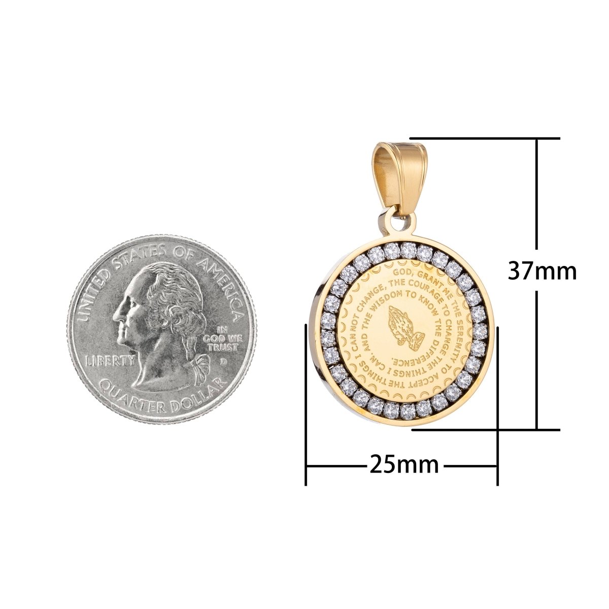 Gold Filled, Silver Stainless Steel Serenity Prayer Stainless Steel Charm - Lord grant me Coin Medallion Pendant with Cubic Zirconia  J-479