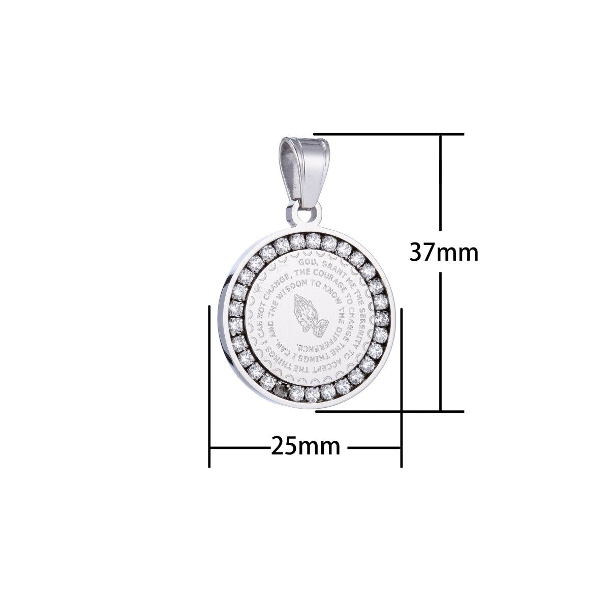 Gold Filled, Silver Stainless Steel Serenity Prayer Stainless Steel Charm - Lord grant me Coin Medallion Pendant with Cubic Zirconia  J-479