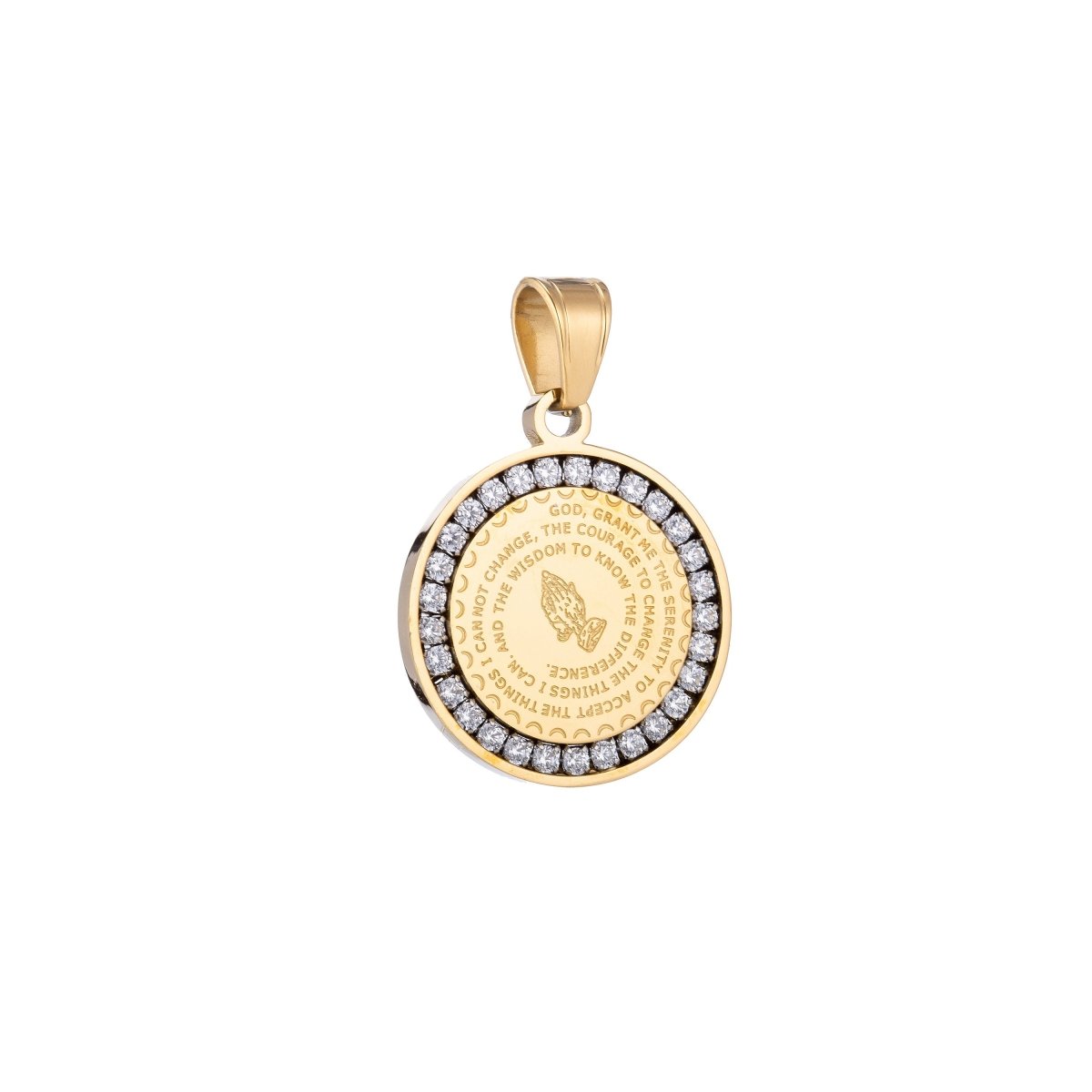 Gold Filled, Silver Stainless Steel Serenity Prayer Stainless Steel Charm - Lord grant me Coin Medallion Pendant with Cubic Zirconia  J-479