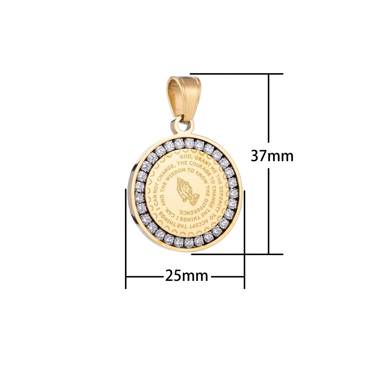 Gold Filled, Silver Stainless Steel Serenity Prayer Stainless Steel Charm - Lord grant me Coin Medallion Pendant with Cubic Zirconia  J-479