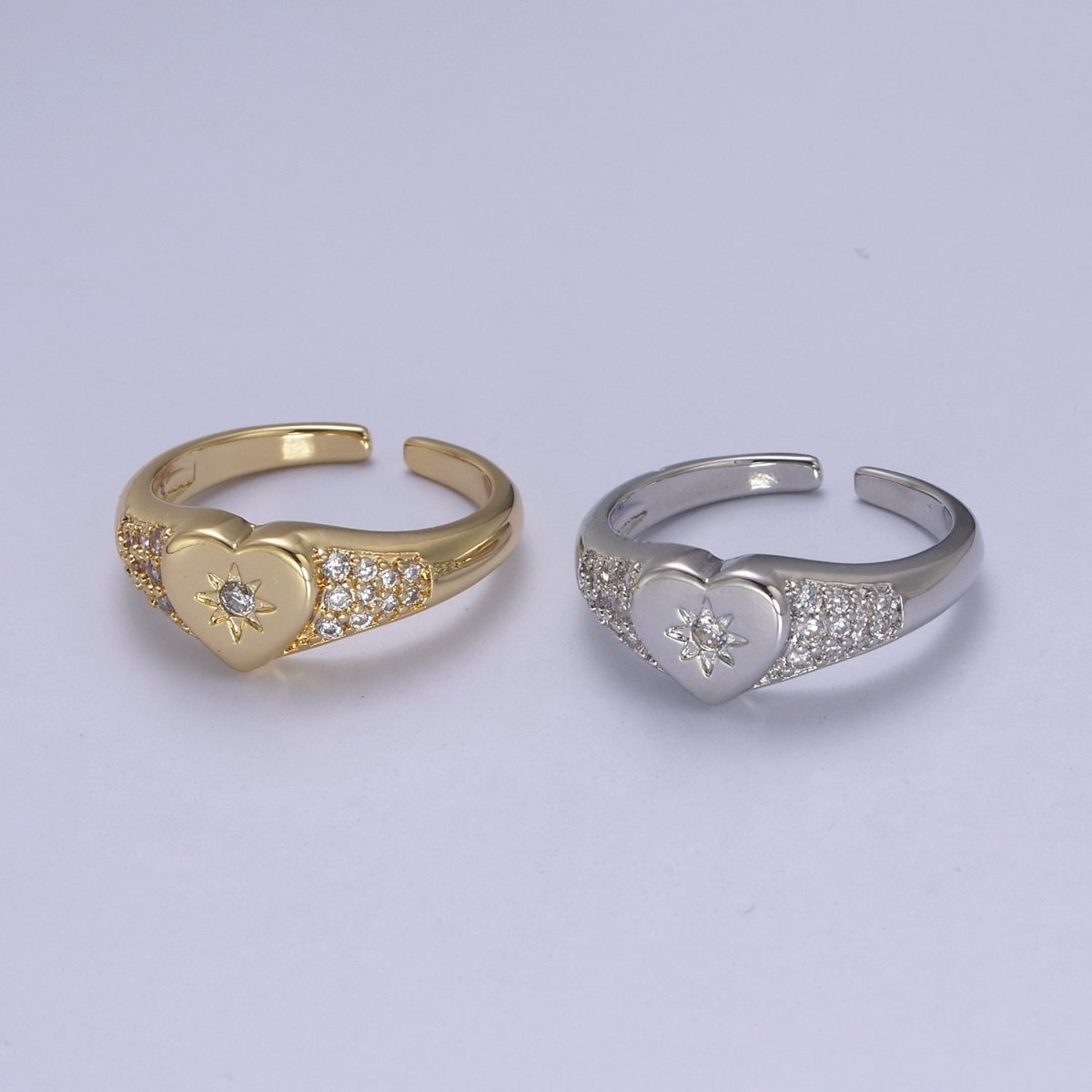 Gold Filled Star Starburst Crystal Zirconia CZ Heart Band Open, Adjustable Ring in 24K Gold & Silver | U-383 U-384