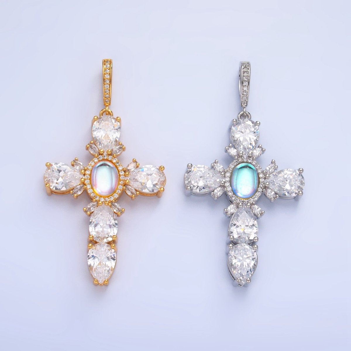 Gold Filled Statement Cross Rainbow Moonstone Pendant Big Cubic Zirconia Cross pendant- Vintage Silver cross- June birthstone J-367 J-375