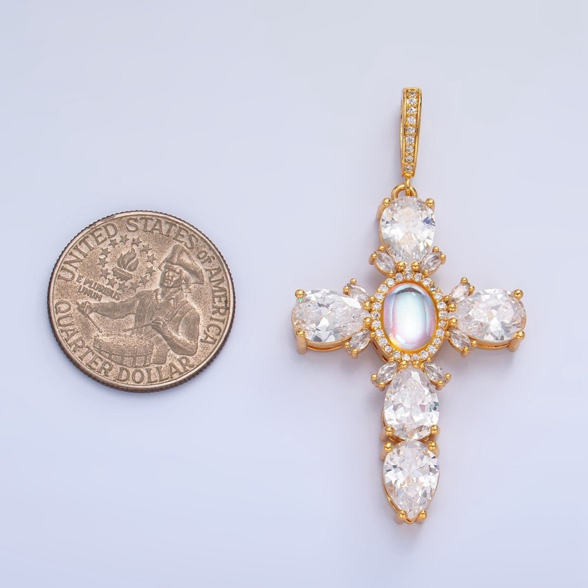Gold Filled Statement Cross Rainbow Moonstone Pendant Big Cubic Zirconia Cross pendant- Vintage Silver cross- June birthstone J-367 J-375