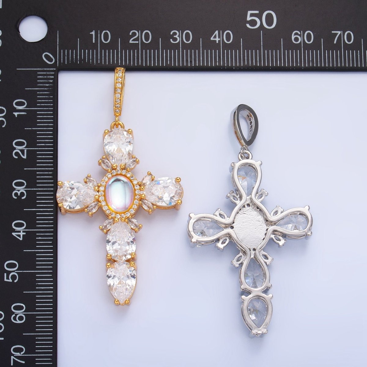Gold Filled Statement Cross Rainbow Moonstone Pendant Big Cubic Zirconia Cross pendant- Vintage Silver cross- June birthstone J-367 J-375