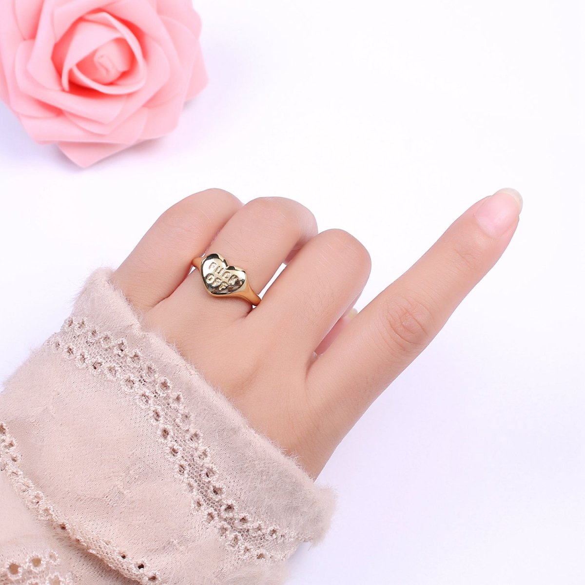 Gold Fuck Off Ring, Heart Shaped Signet, Fuckoff rings oval signet ring gold rings for women U-132