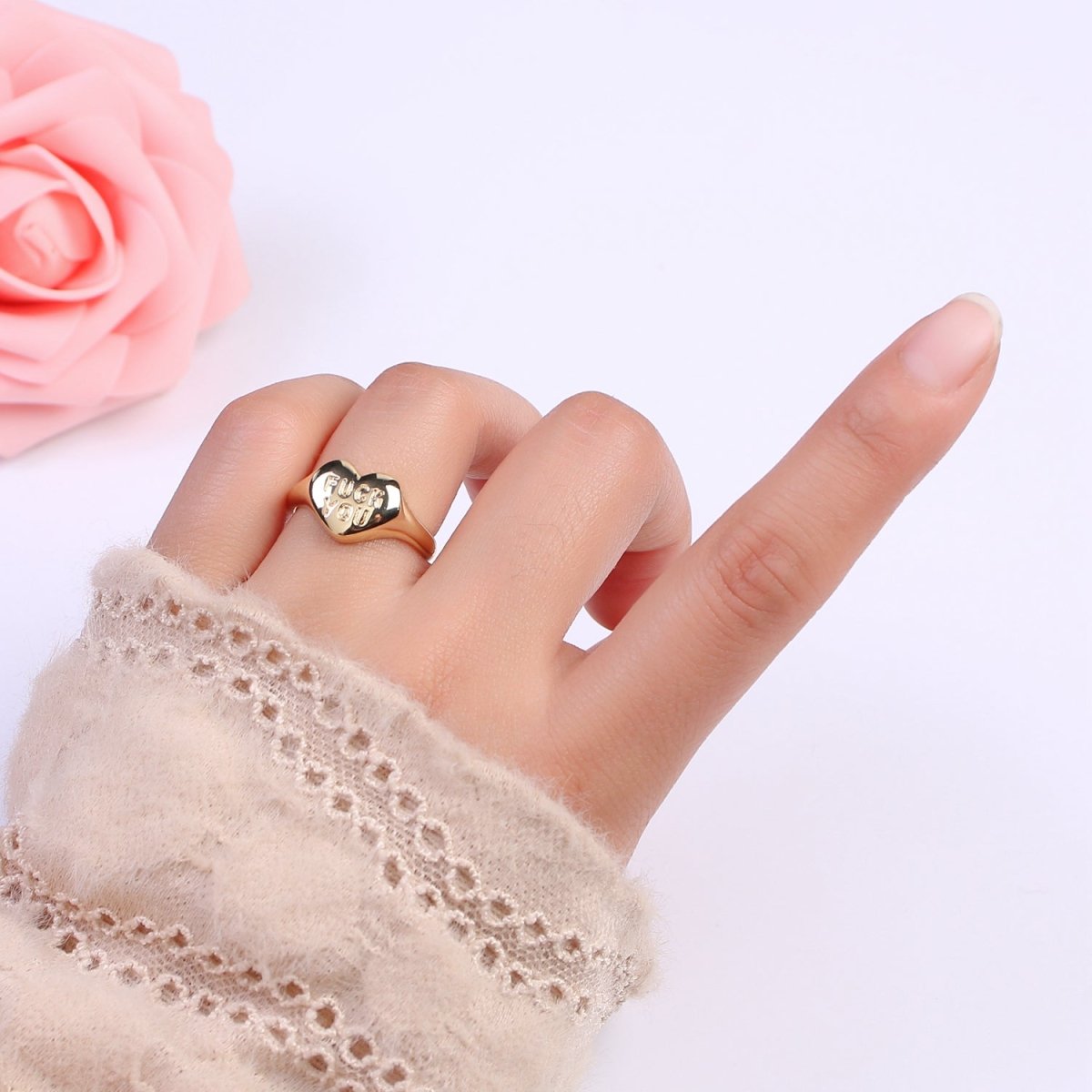 Gold Fuck You Ring, Heart Shaped Signet, Fuckoff rings oval signet ring gold rings for women S-377