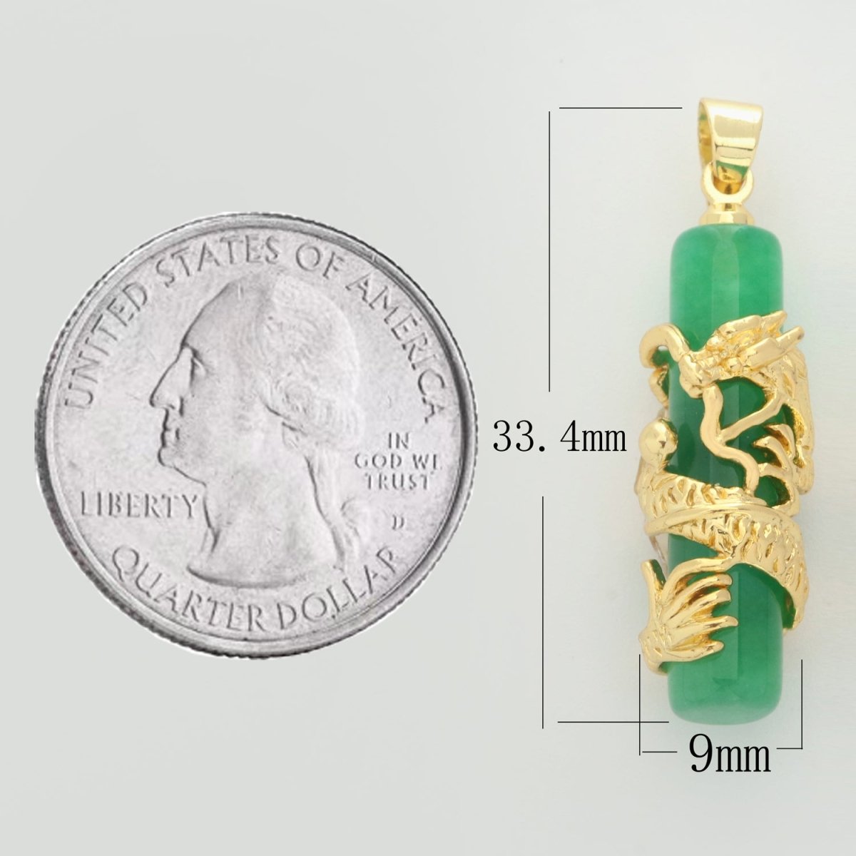 Gold Genuine Green Jade Dragon Pendant Necklace Amulet Cylinder Jade Bar Necklace For Women Men AH-341