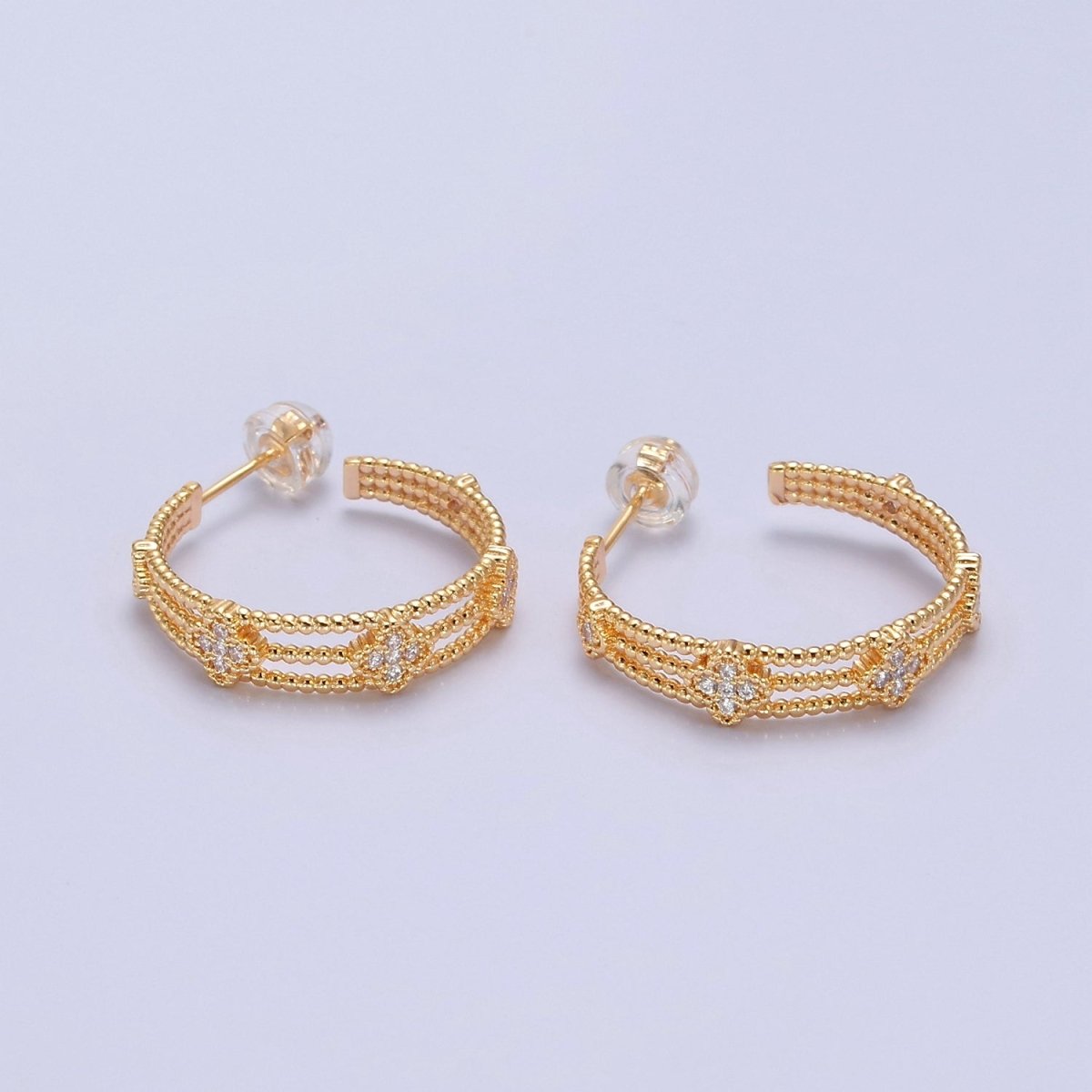 Gold Hoop Earring with Clover CZ for Lucky Jewelry T-381