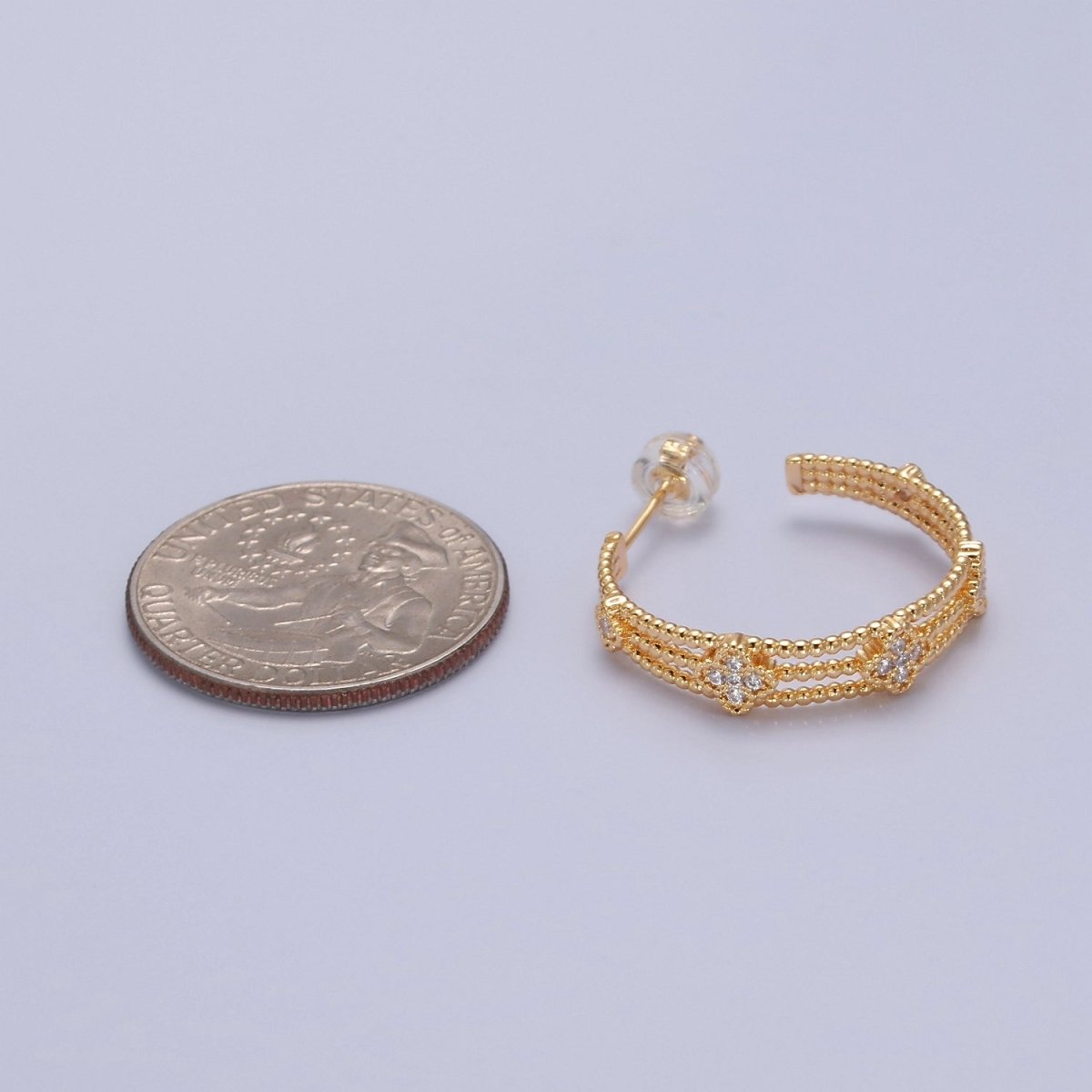 Gold Hoop Earring with Clover CZ for Lucky Jewelry T-381