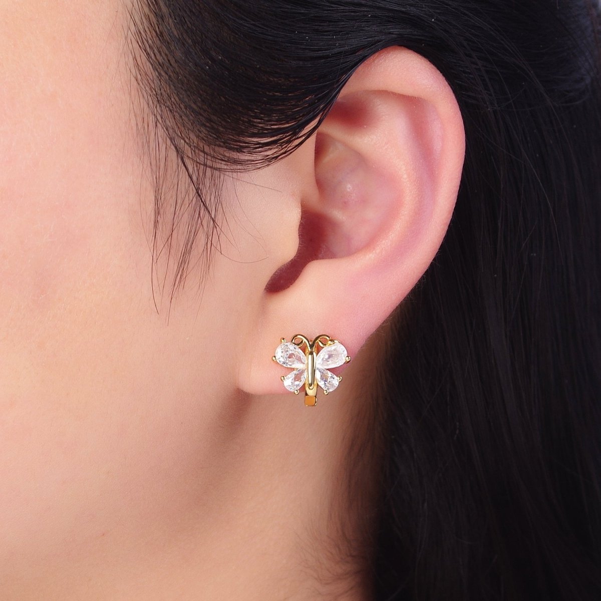 Gold Huggie Earrings Dainty Clear Cubic Zirconia Butterfly Hoop Earrings for Women T-394
