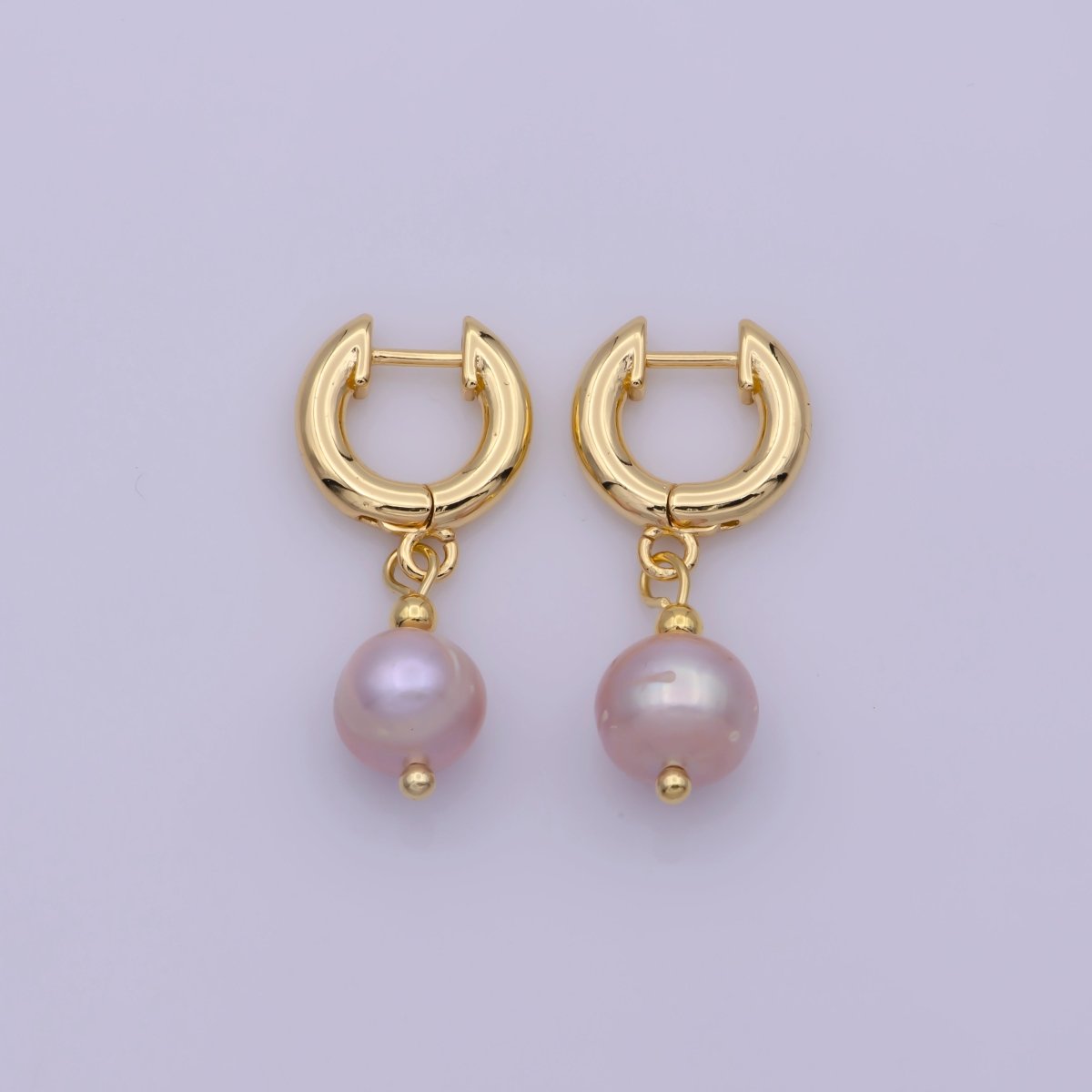 Gold Huggie Pink Pearl Earrings Freshwater, Dangle Champagne Pearl Earrings Round Blush Pink Wedding Jewelry Bridesmaids T-241