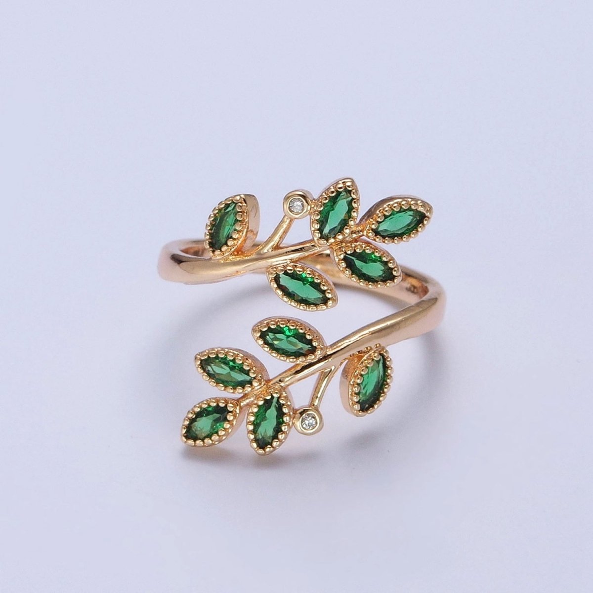 Gold Olive Leaf Ring Green Pave Olive Leaf Ring Adjustable Ring O-2210
