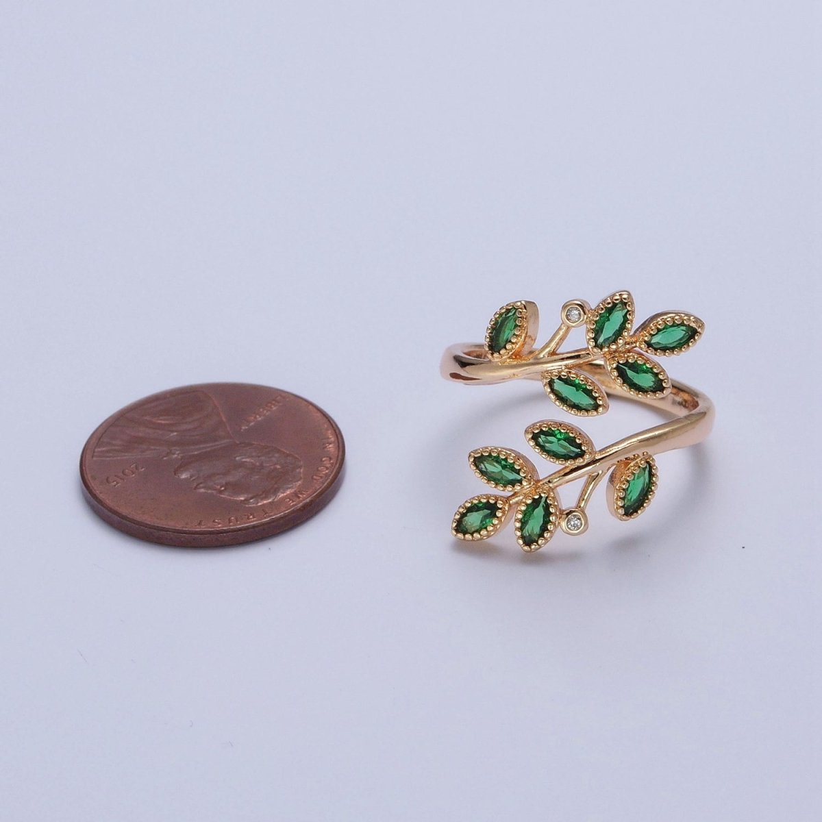 Gold Olive Leaf Ring Green Pave Olive Leaf Ring Adjustable Ring O-2210