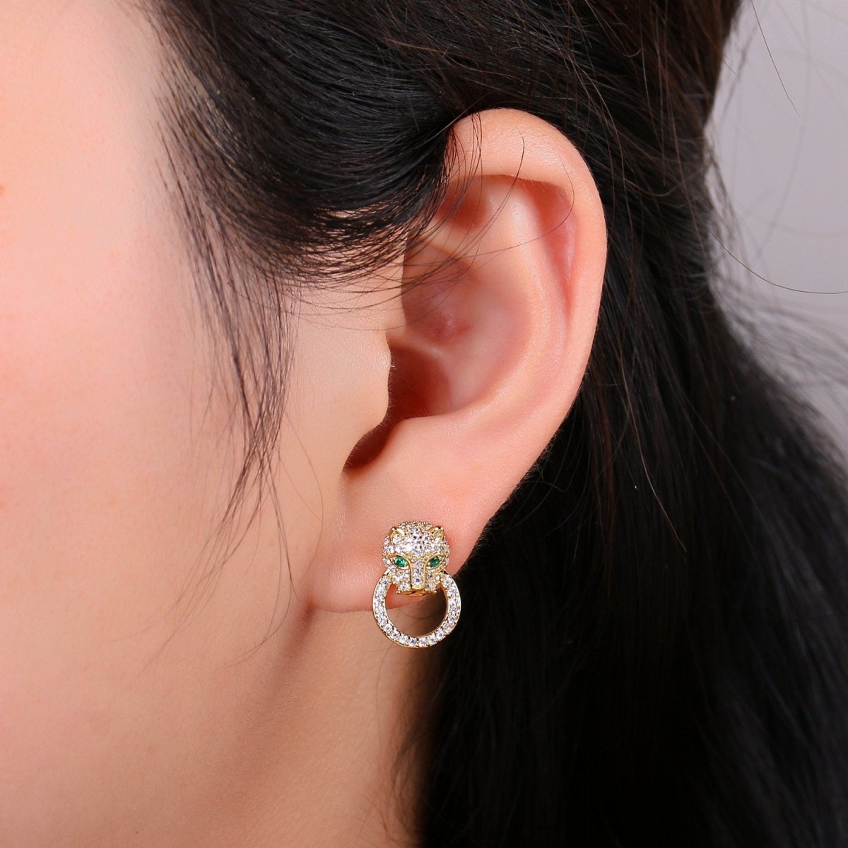 Gold Panther Earring CZ Micro Pave Stud Earring Dainty Leopard Earrings, Animal Cat Earrings, Jaguar Earrings, Panther Stud Earrings  Q-297