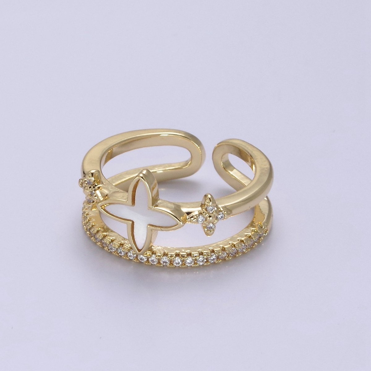 Gold Pearl Clover ring, Cubic Adjustable CZ Double Band ring, Dainty Gold minimalist jewelry Open Adjustable Ring U-481