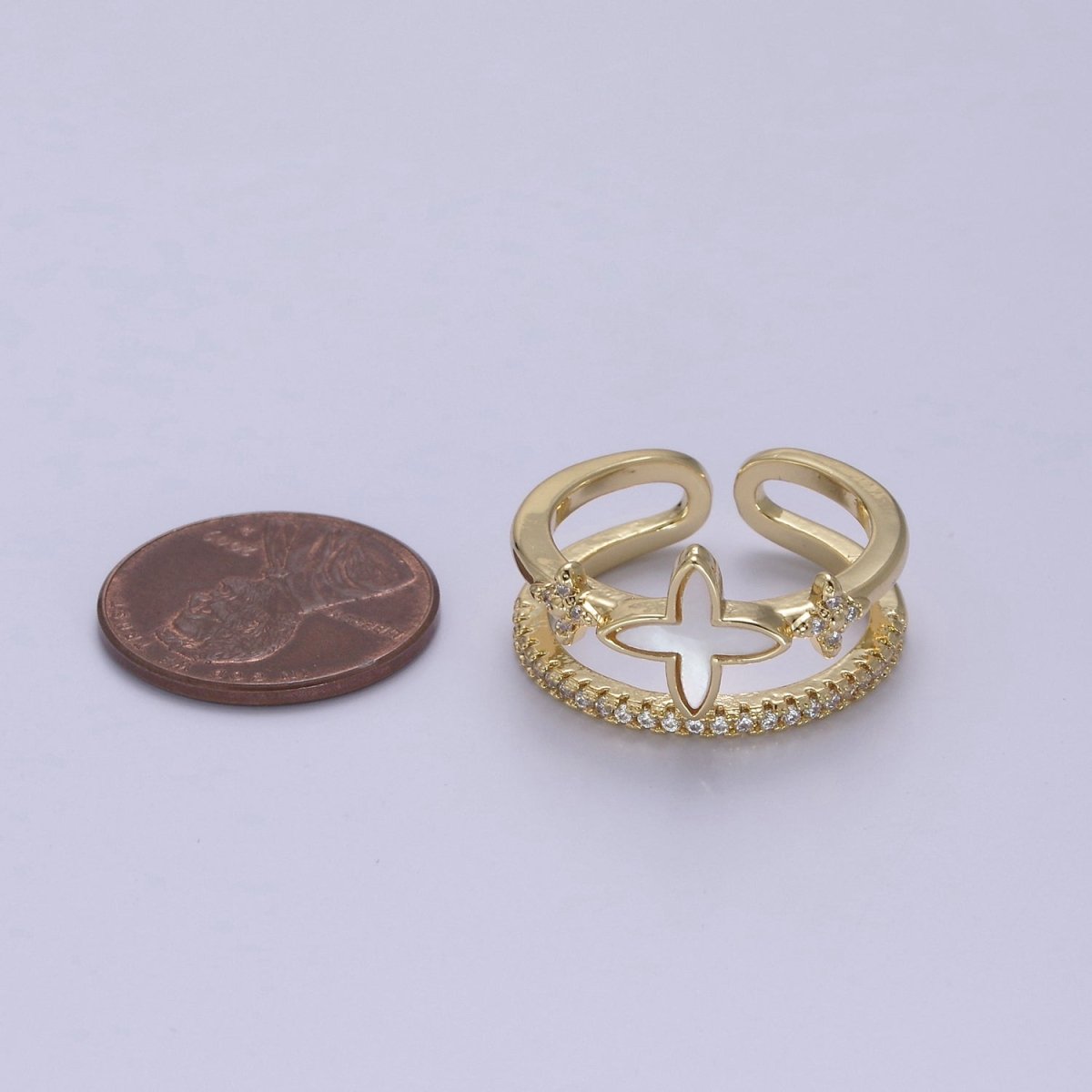 Gold Pearl Clover ring, Cubic Adjustable CZ Double Band ring, Dainty Gold minimalist jewelry Open Adjustable Ring U-481