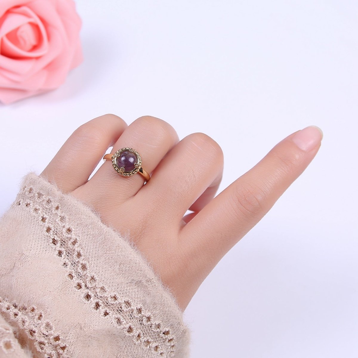 Gold Purple Amethyst Rings | Gemstone Round Ring | Gold Gem Stone Rings | Chunky Gold Statement Ring U-369
