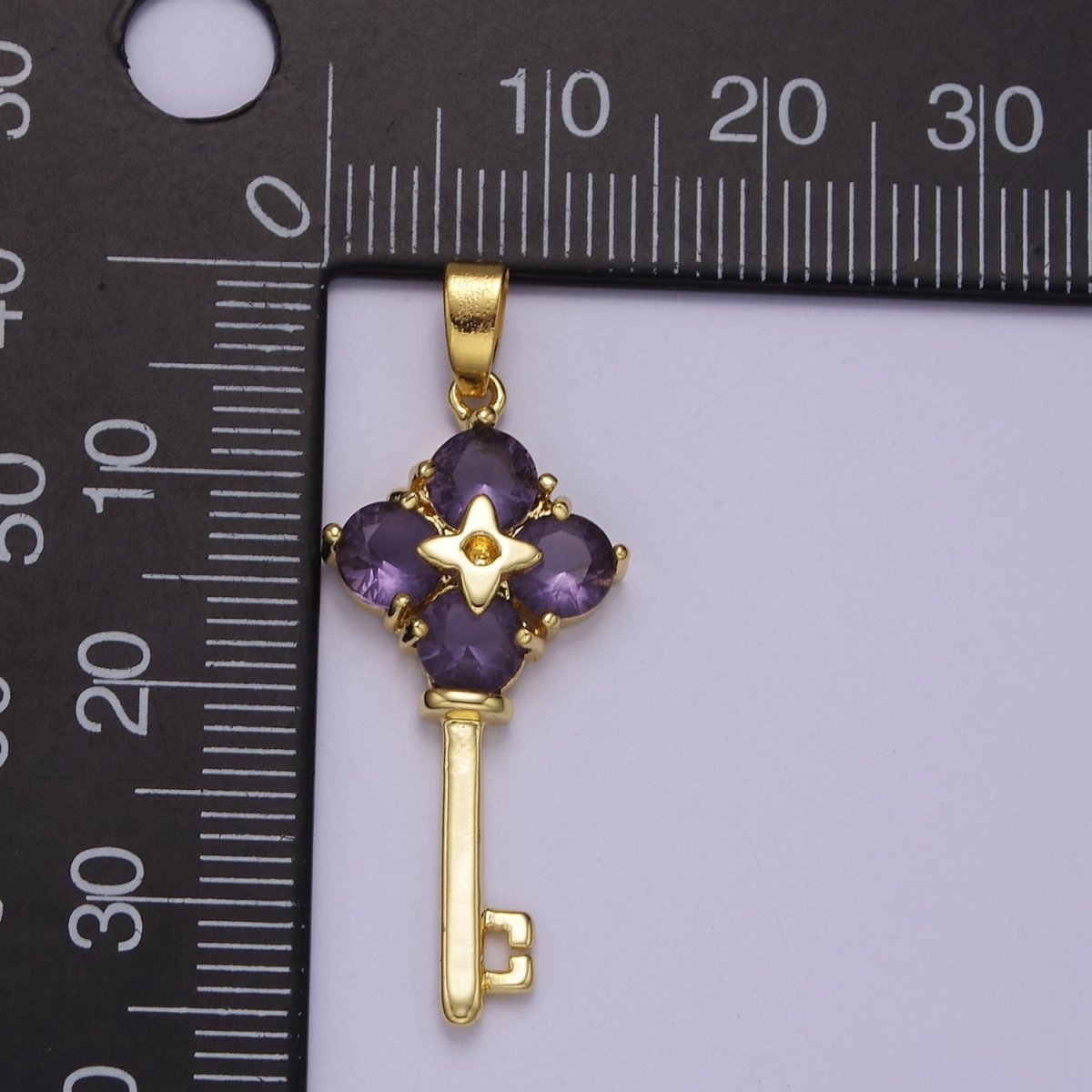 Gold Purple CZ Flower Key Pendant J-528