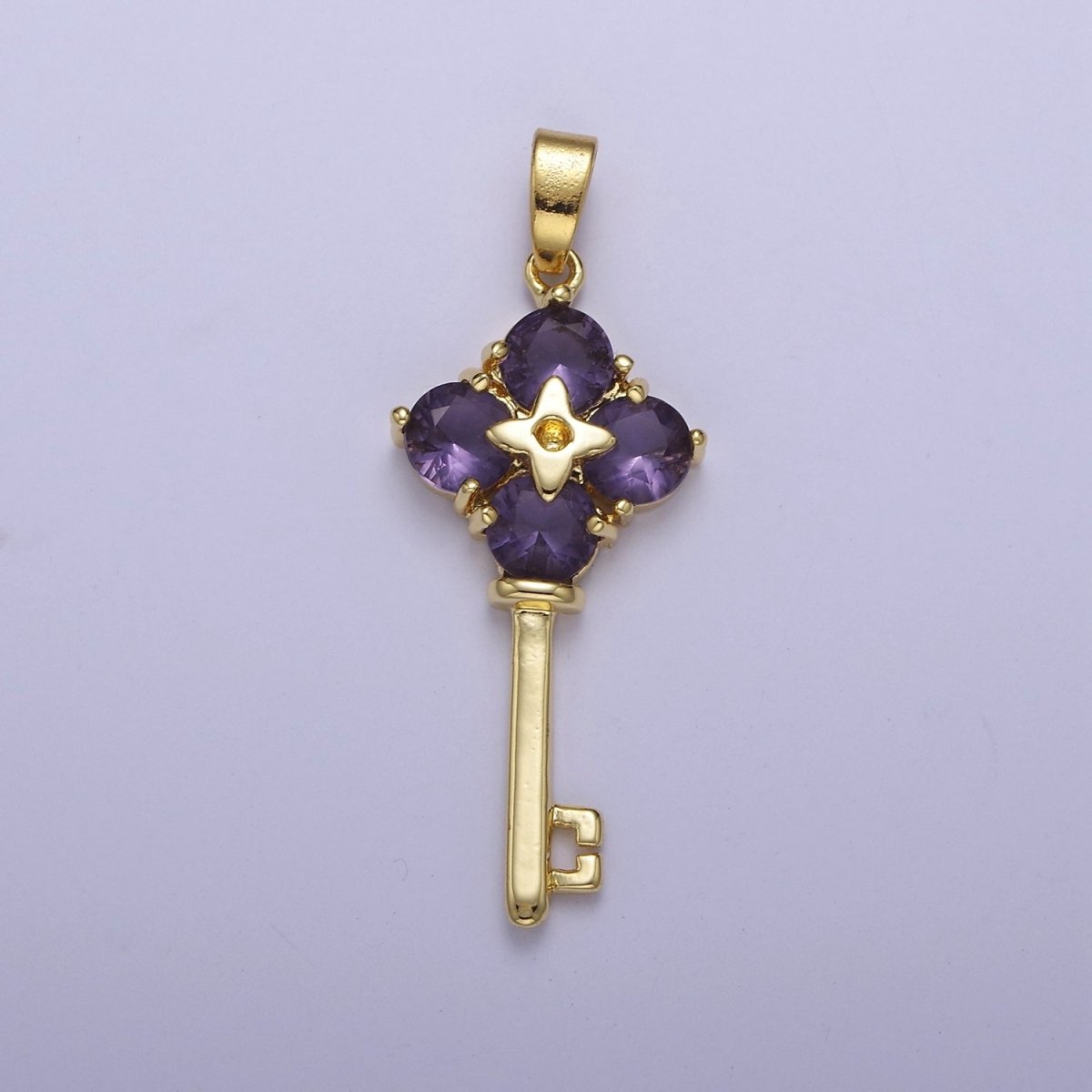Gold Purple CZ Flower Key Pendant J-528
