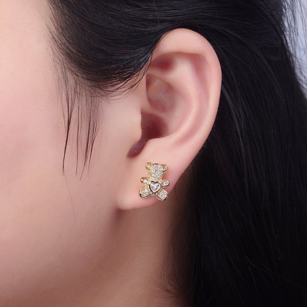 Gold Teddy Bear Stud Earring CZ Woman Kids Girl Earring Gold Stud V-118